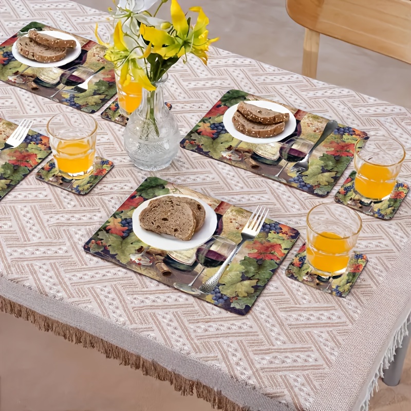 Vintage-Tischsets und Untersetzer aus Holz im künstlerischen Design (6-teilig), Weinmotiv – perfekt für die Dekoration Ihres Zuhauses oder als Geschenk. Enthält 2 große Tischsets._voghion.com