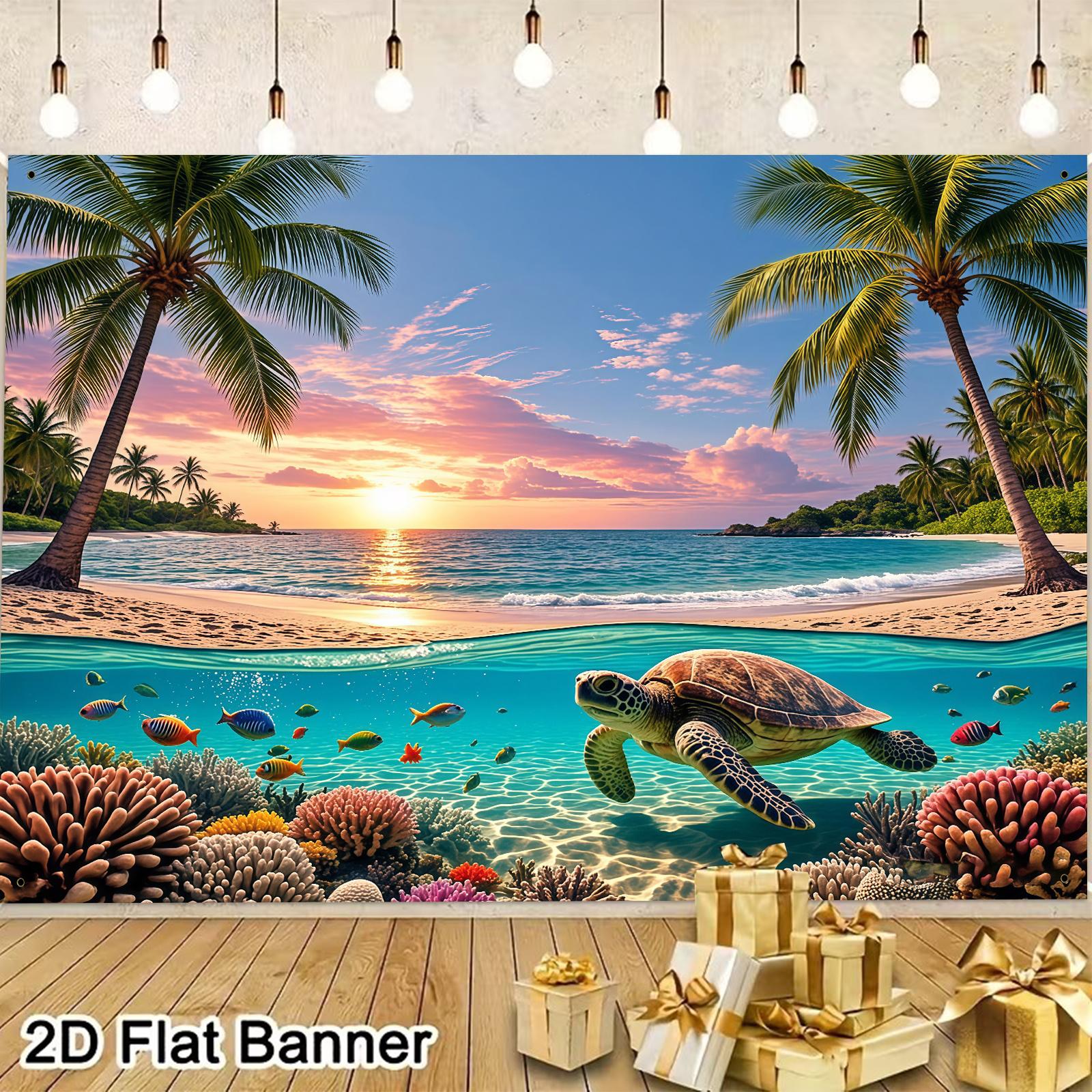 Partybanner, 1 Stück, aus Polyester, mit tropischem Strandmotiv, tropischen Fischen, Meeresschildkröten, Korallenriffen, Stränden und Palmen_voghion.com