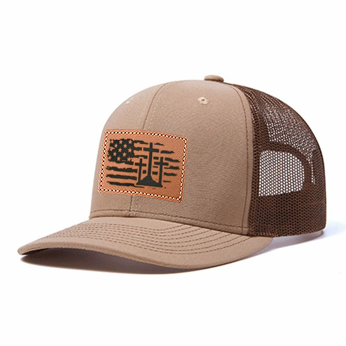 Us Flag Cross Leather Patch Trucker Hat product details