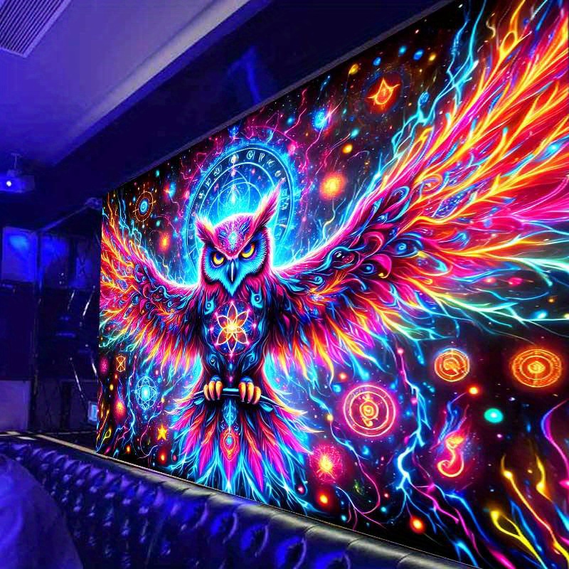 3D Neon Vibrant Owl Tapestry Premium Polyester Wall Hanging Colorful Psychedelic Glowing Orbs Stars Home Decor For Bedroom Gaming Themed Rooms_voghion.com