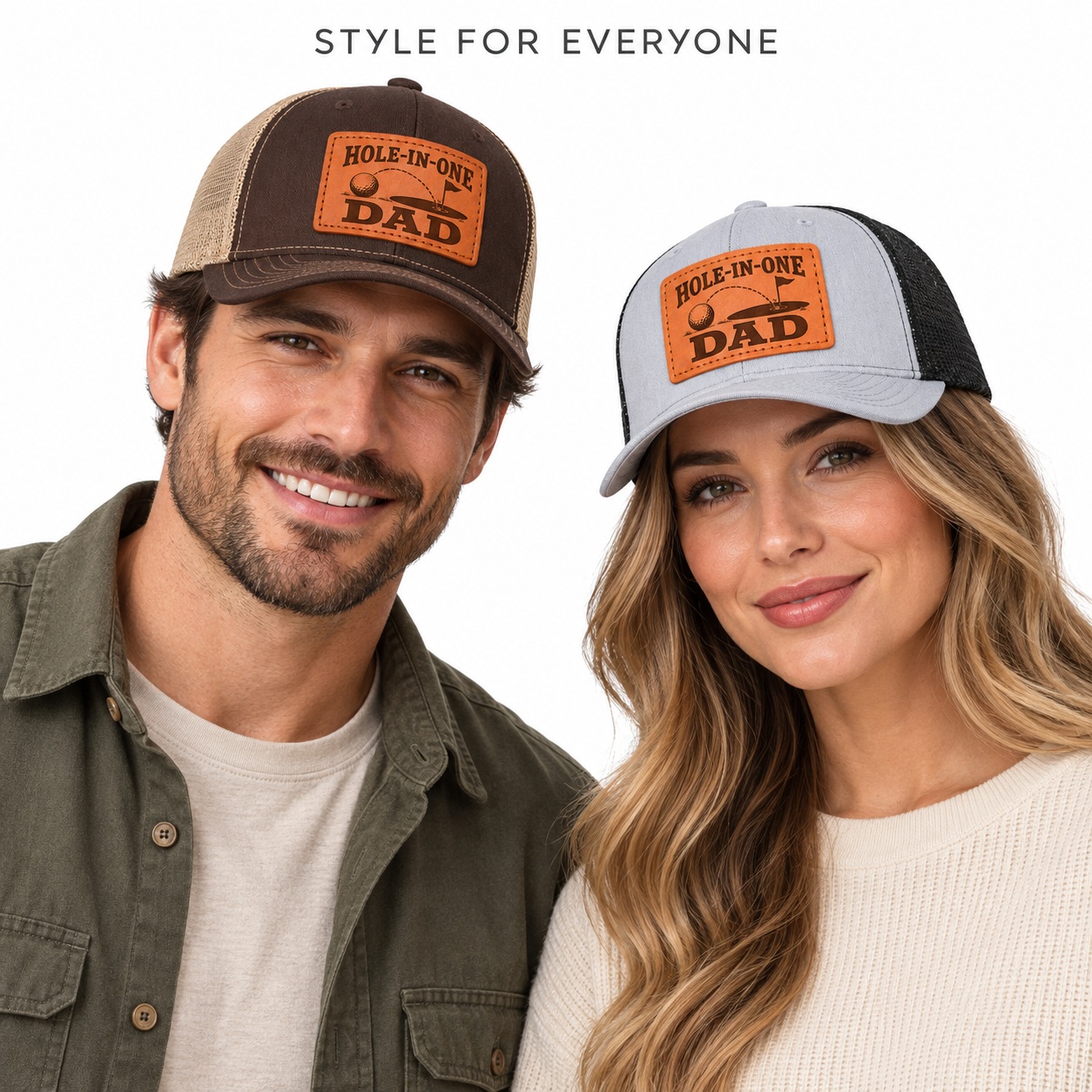 Hole-in-one Dad Golf Hole And Flag Graphic Leather Patch Trucker Hat product details