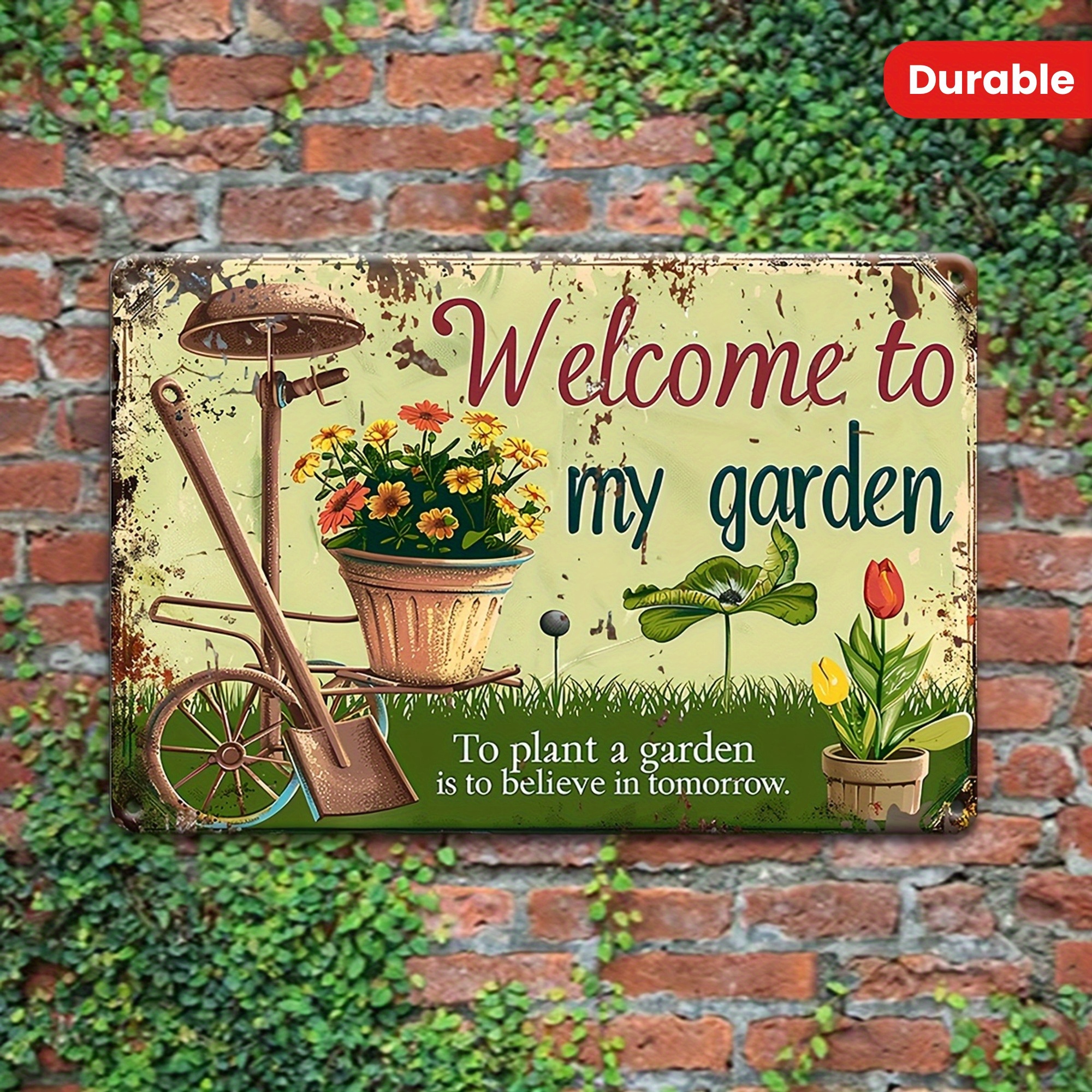 Vintage Welcome to My Garden Metal Tin Sign Rustic Floral Garden