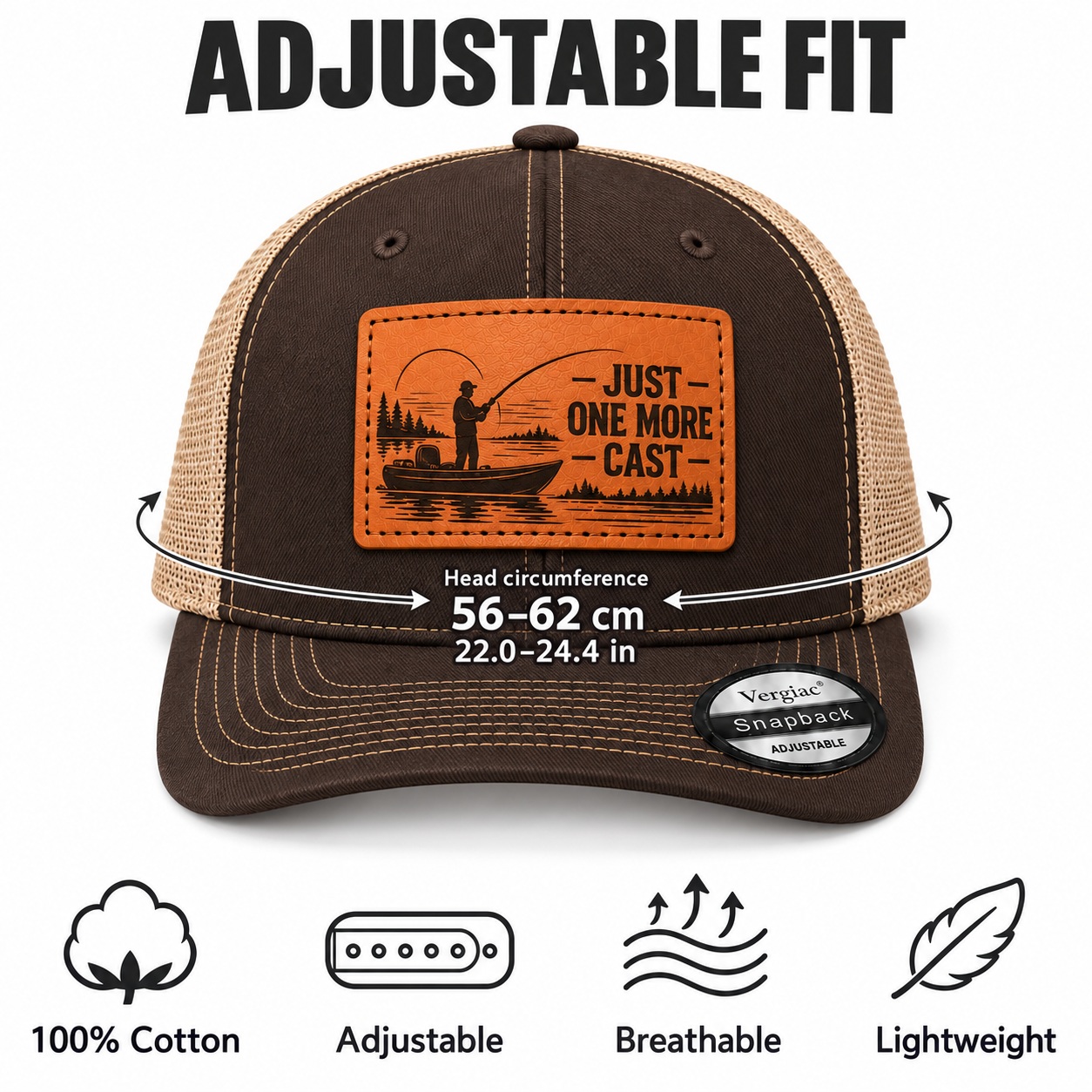 Just One More Cast Boat And Fishing Cast Graphic Leather Patch Trucker Hat product details