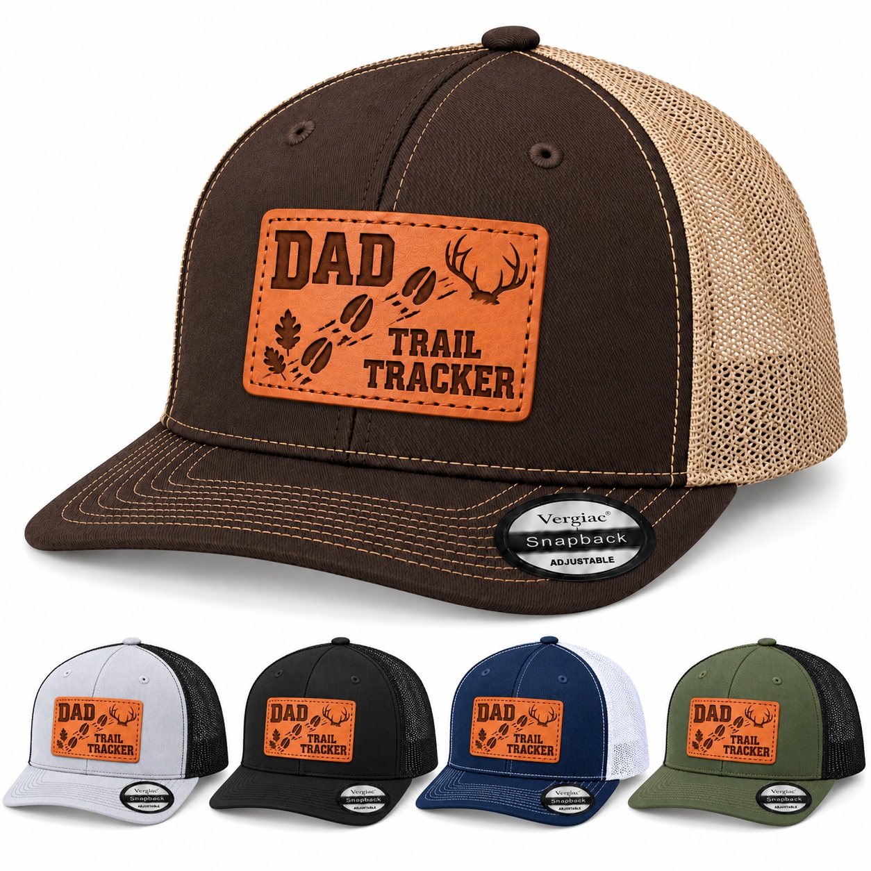 Dad Trail Tracker Antler And Hoofprint Graphic Leather Patch Trucker Hat product details