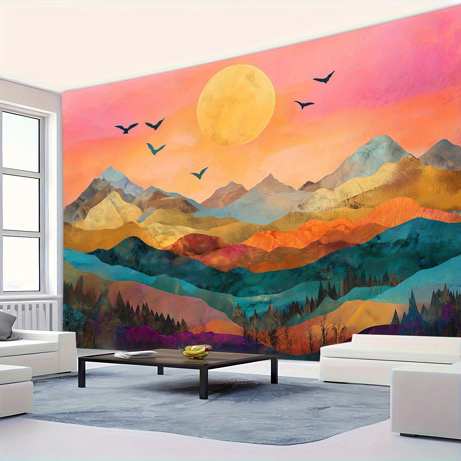 Stunning Vibrant Mountain Landscape Tapestry Polyester Wall Hanging With Sunset Forests Birds For Bedroom Office Living Room With Mounting Parts_voghion.com