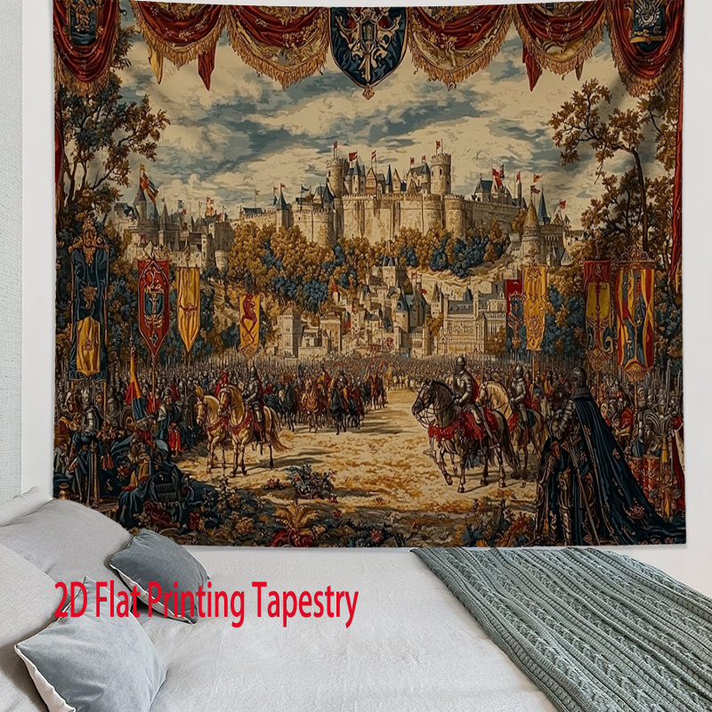 Vintage Aesthetic Medieval Castle Tournament Knight Jousting 2D Flat Printing Tapestry Polyester Wall Hanging Decor For Home Living Room Bedroom_voghion.com