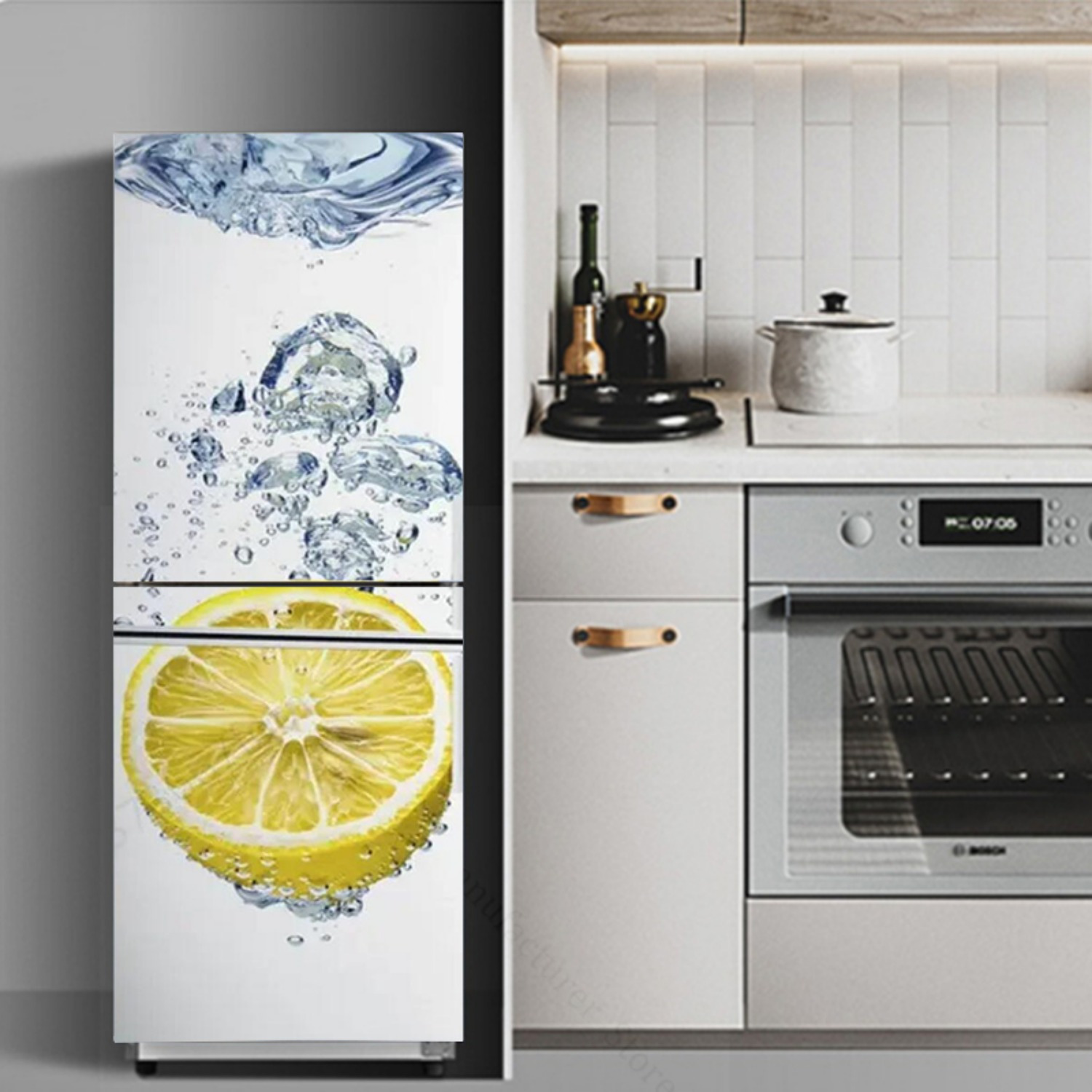 Lemon Water Design Self-Adhesive PVC Sticker For Fridge Door, Wine Cabinet, And Wardrobe - 3D Wallpaper Mural Decoration, Multiple Sizes Available,_voghion.com