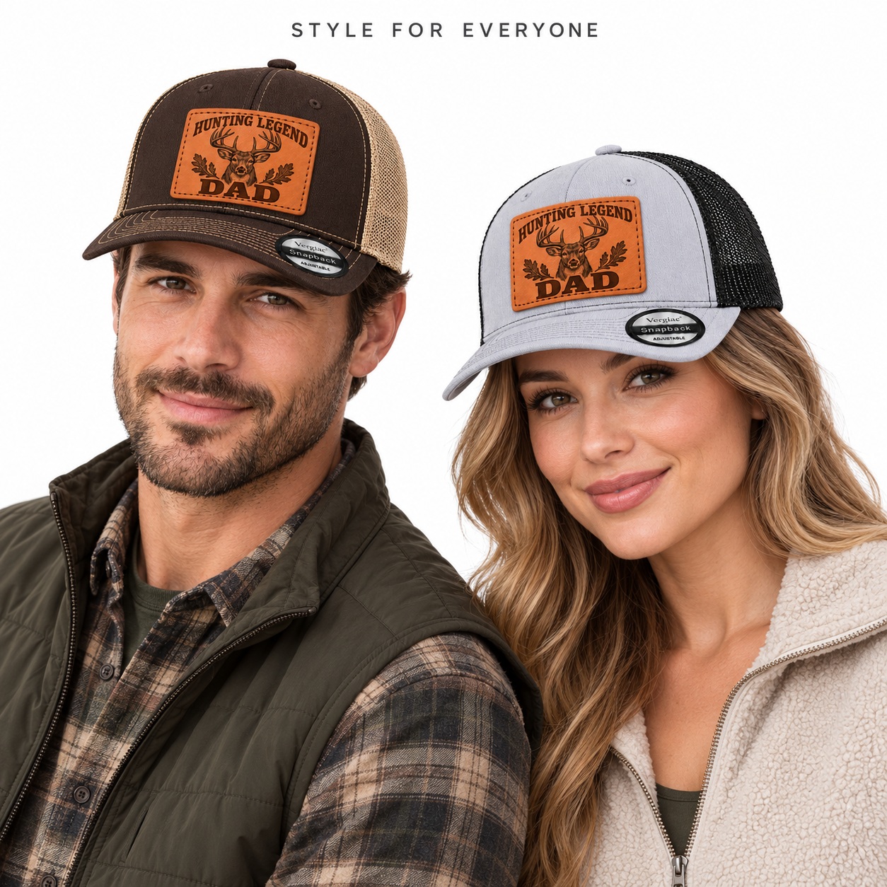 Hunting Legend Dad Deer Head And Oak Leaf Graphic Leather Patch Trucker Hat product details