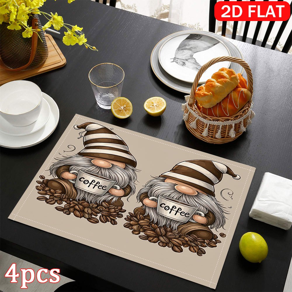 2/4/6pcs Placemats 2D Flat 30X45Cm/11.81X17.72Inch Coffee Gnome Mug Scene Table Mats | Polyester, Heat-Resistant, Scald-Proof, Suitable For Indoor_voghion.com