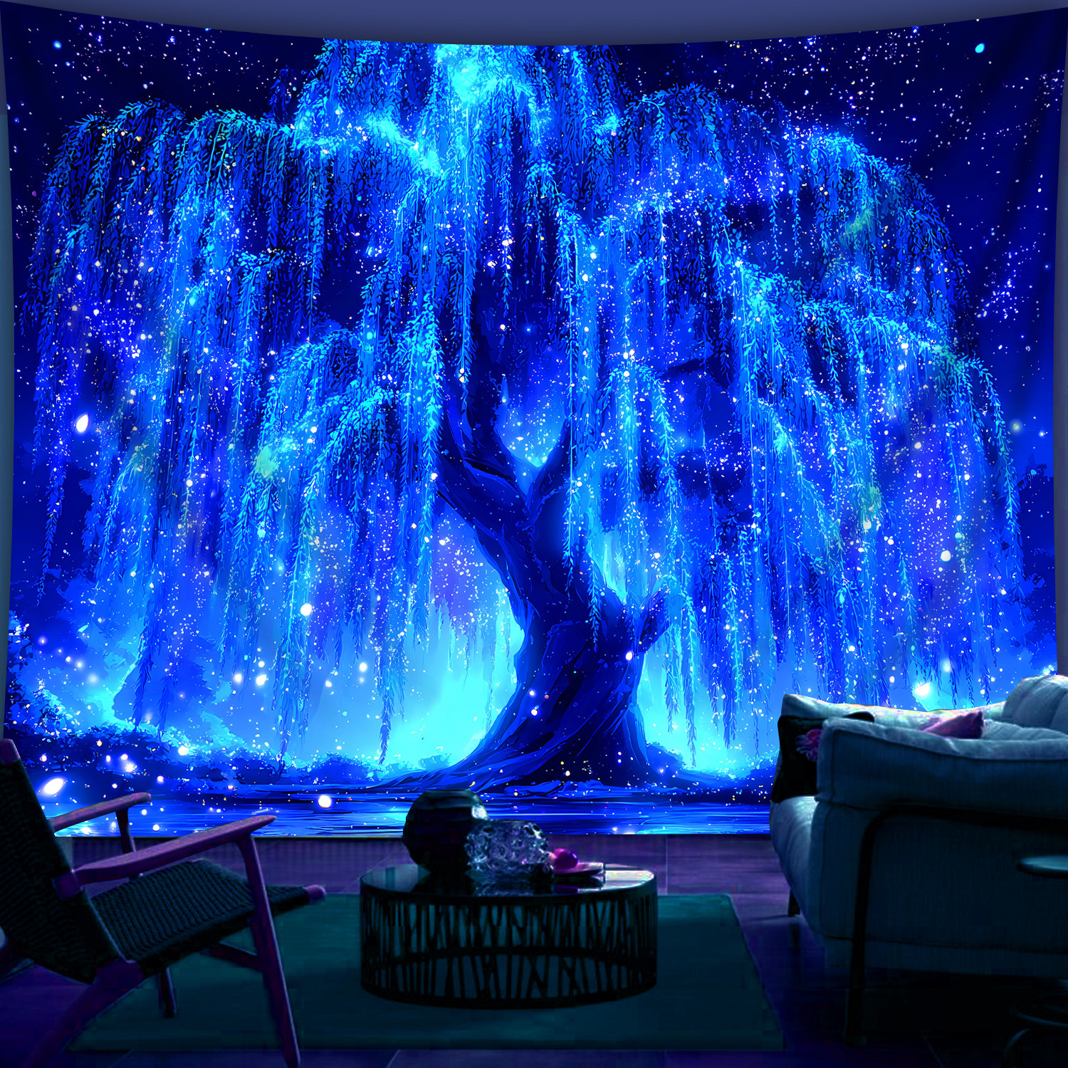Brilliant Starry Sky Tree Of Life - Glows Under Fluorescent Light - Fluorescent Printed Tapestry, Bedroom Aesthetic Hanging Tapestry_voghion.com