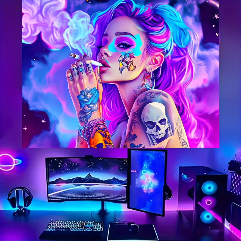 Fluorescent HEGO UV Black Light Tapestry Cool Purple Hair Tattoos Beauty Skeleton Accents Wall Art For Living Room Computer Room Esthetician Decor_voghion.com