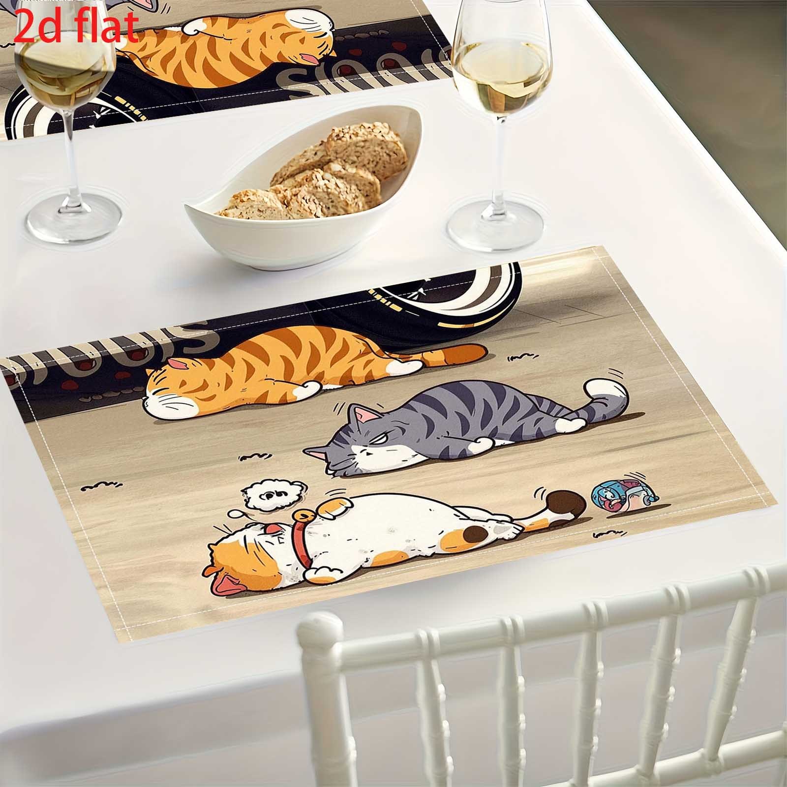 Ensemble de 4 sets de table à motifs de chats faisant la sieste, avec une route gris clair en arrière-plan, ornés de trois chats paresseux, forme douce et apaisante_voghion.com