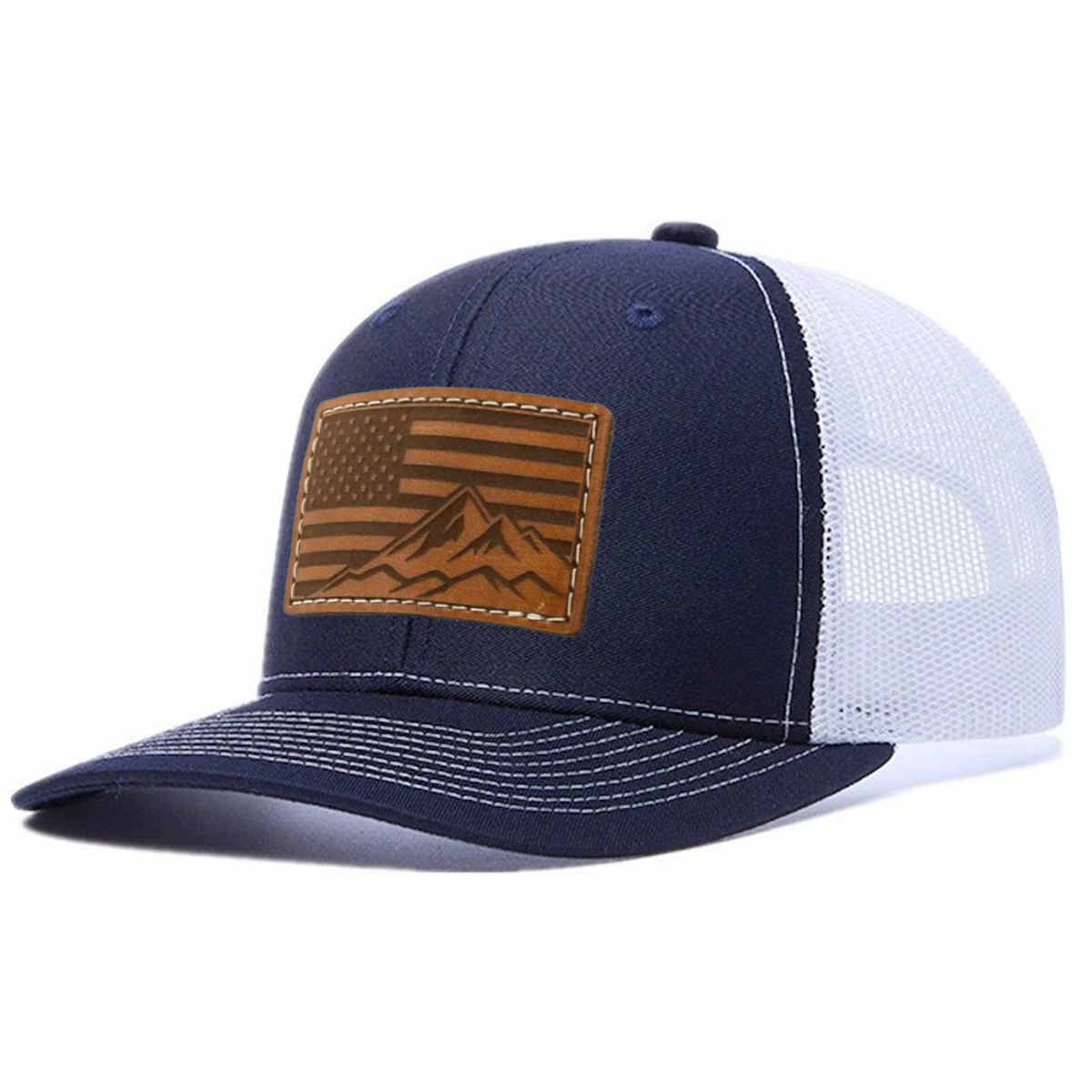 USA Flag Mountain Leather Patch Trucker Hat product details