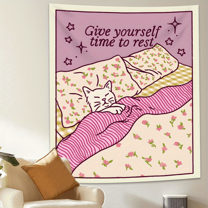 Durable Fade Resistant Polyester Chic Pink Cat Tapestry Inspirational Quote Cozy Floral Striped Design Versatile Wall Decor Bedroom Living Room Dorm_voghion.com