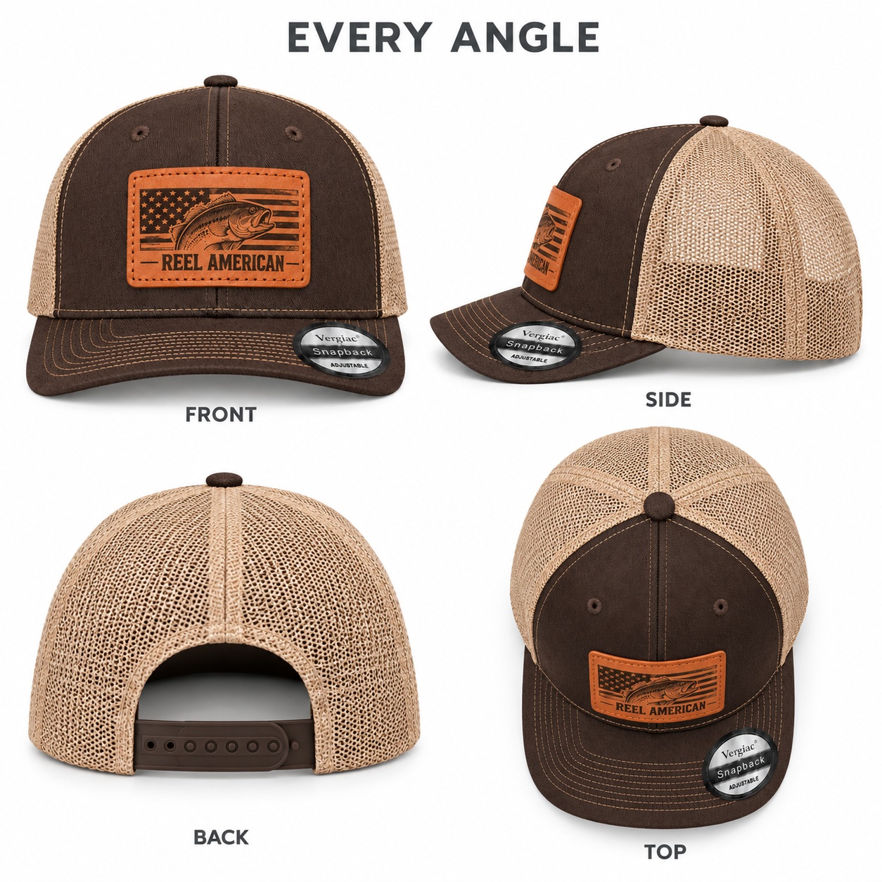 Reel American American Flag And Bass Graphic Leather Patch Trucker Hat product details