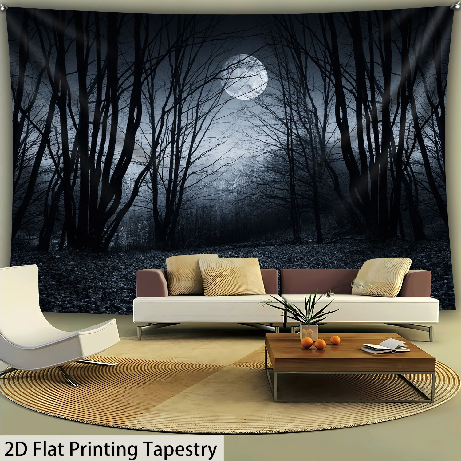 Oversized 320cm By 240cm 2D Flat Printed Tapestry Moonlit Night Eerie Forest Scene HD Digital Print Polyester Wall Hanging Home Decor_voghion.com