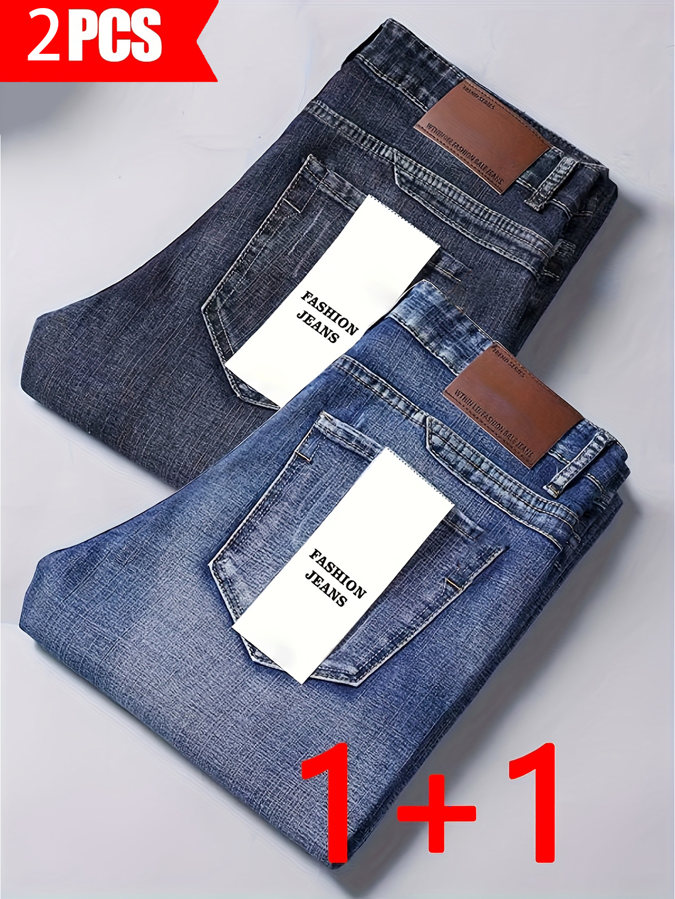 Two-piece Men's Jeans, Four Seasons Fashion Men's Classic Jeans, Comfortable Stretch Straight Pants, Suitable For Casual Business Work, Daily Casual_mkmklike.com