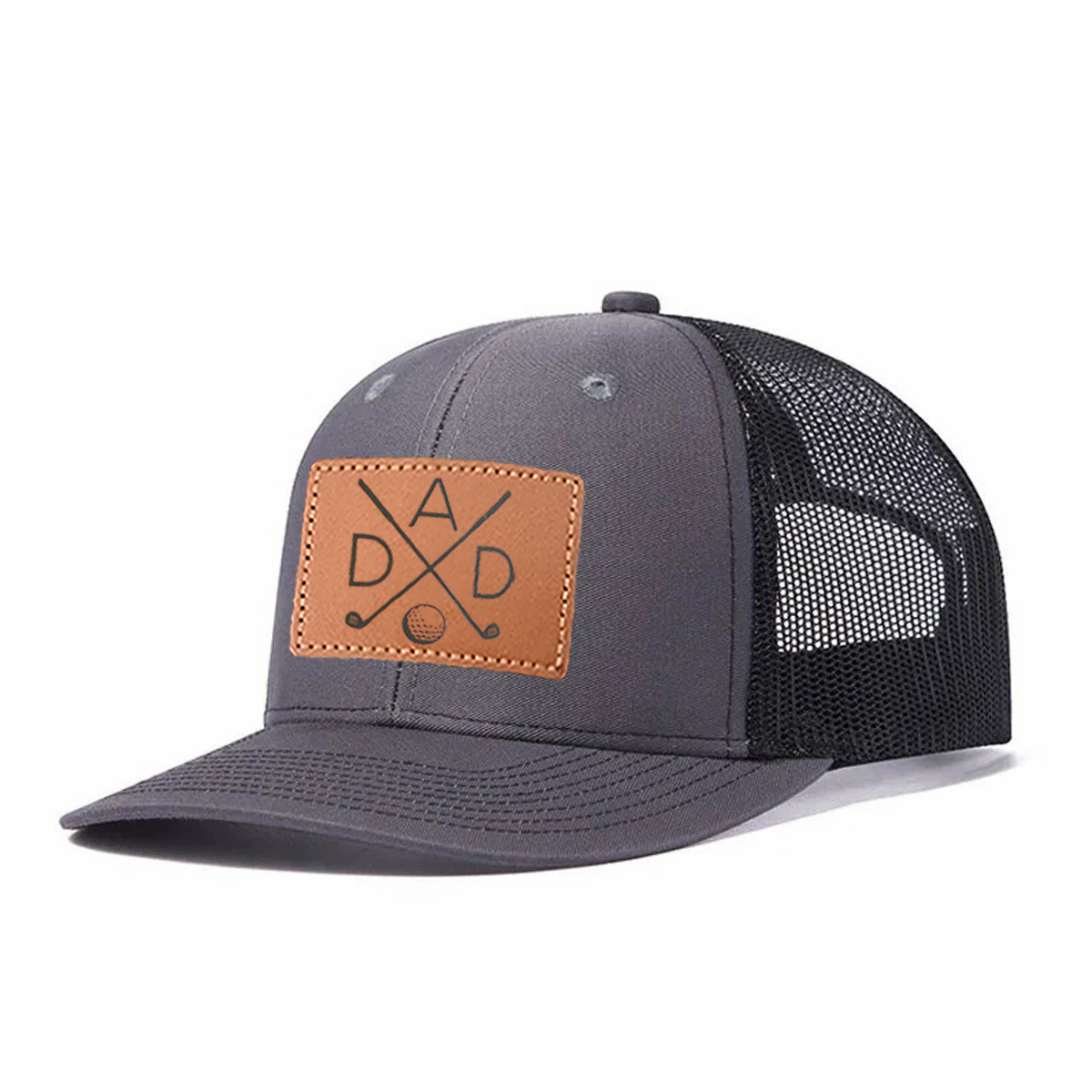 Dad Golf Leather Patch Trucker Hat product details