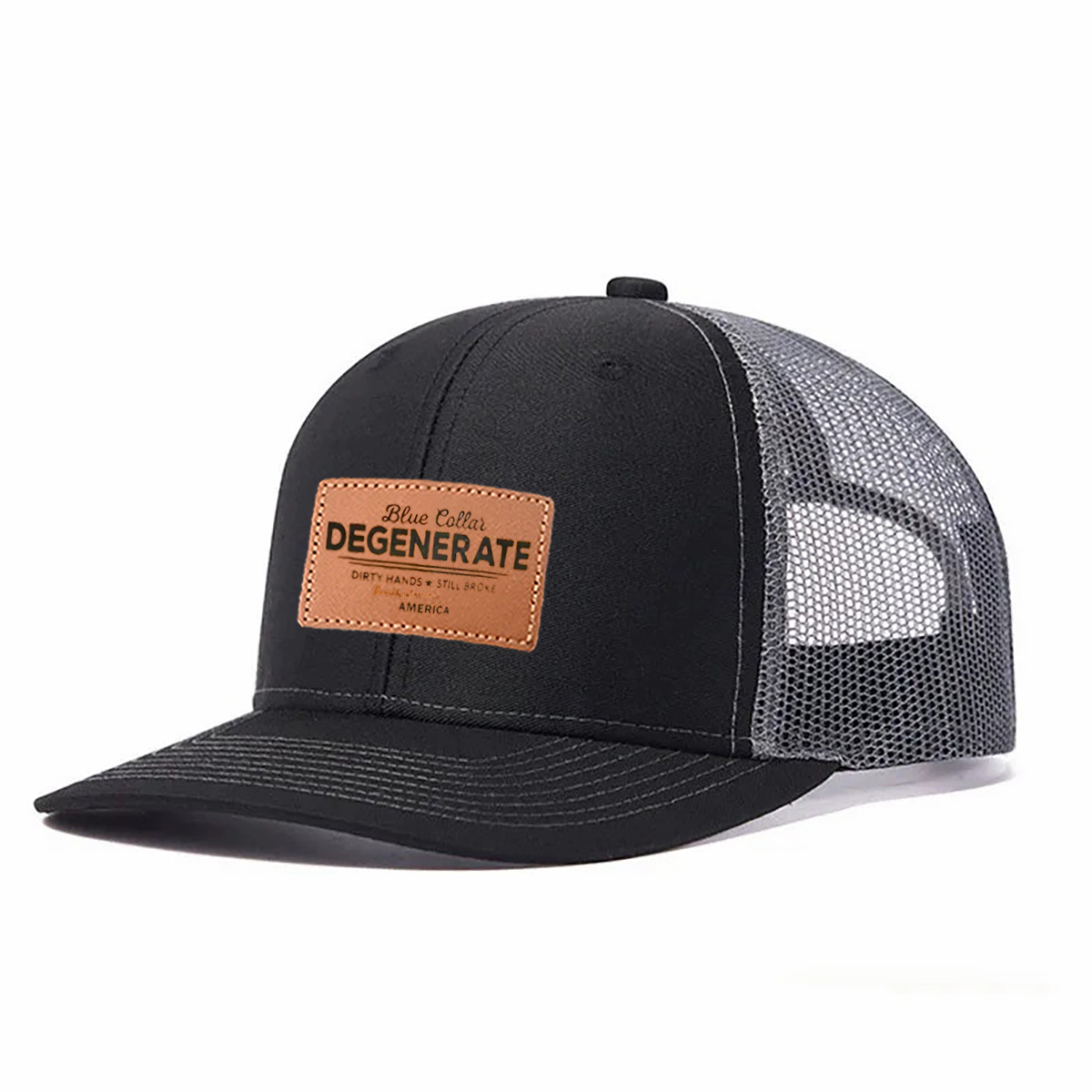 Blue Collar Degenerate Leather Patch Trucker Hat product details