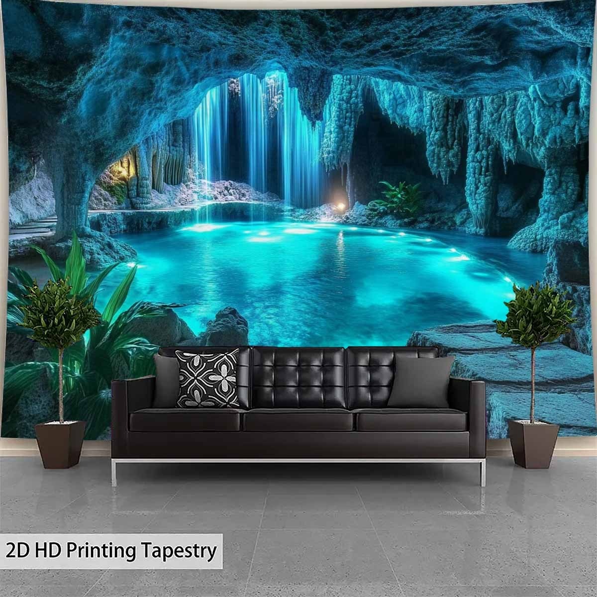 Tapisserie murale représentant une grande grotte bleue avec cascade et bassin - Décoration murale idéale pour la maison, cadeau de Noël, fond de fête, sans électricité_voghion.com
