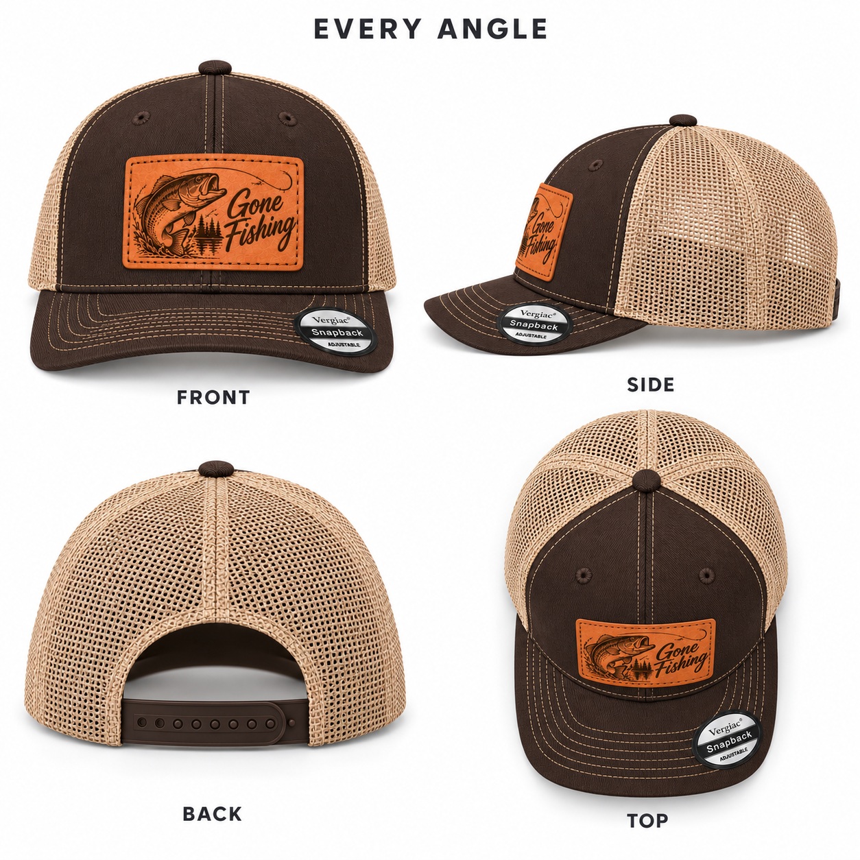 Gone Fishing Leather Patch Trucker Hat product details