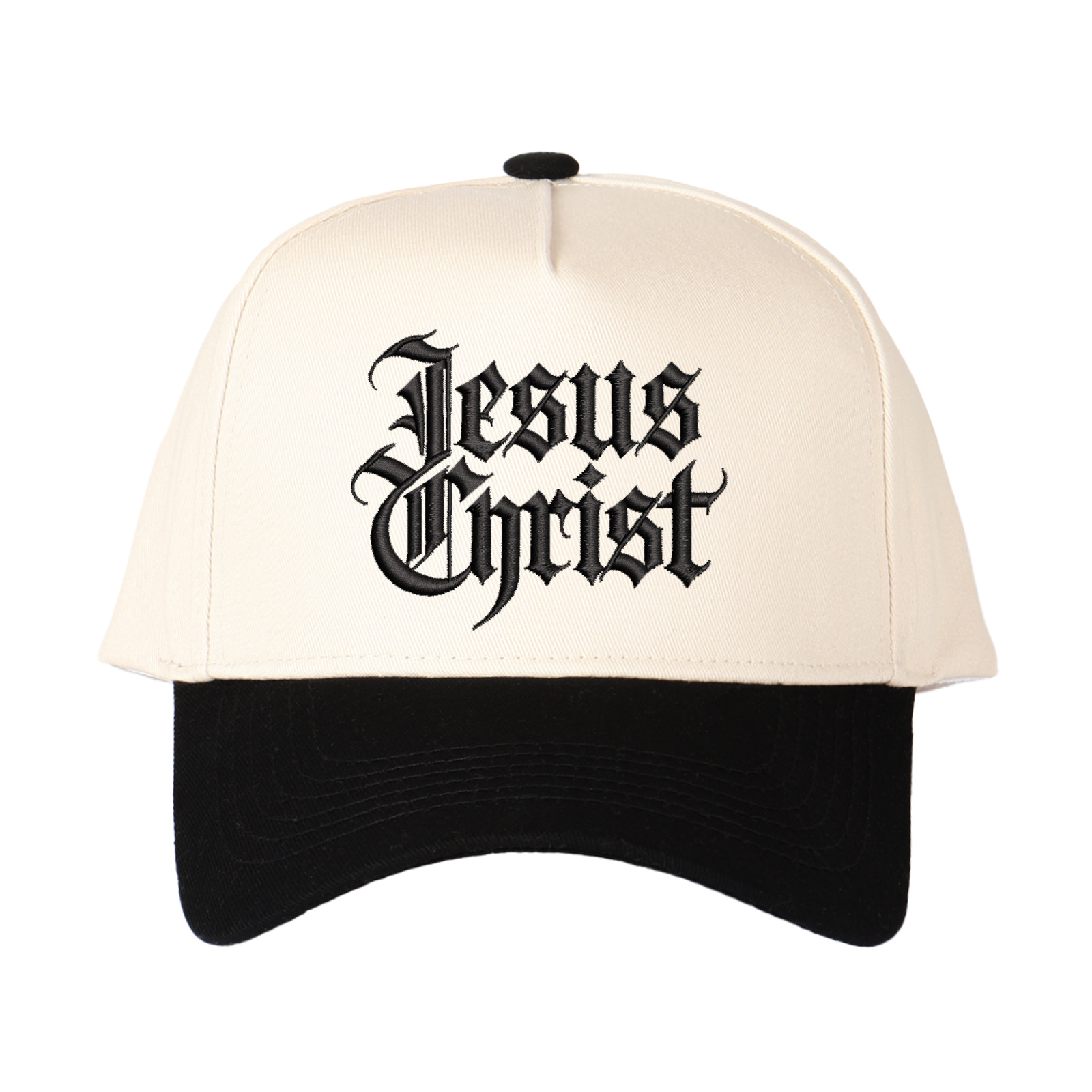 Gothic-style "Jesus Christ" Lettering Embroidered Trucker Hat product details