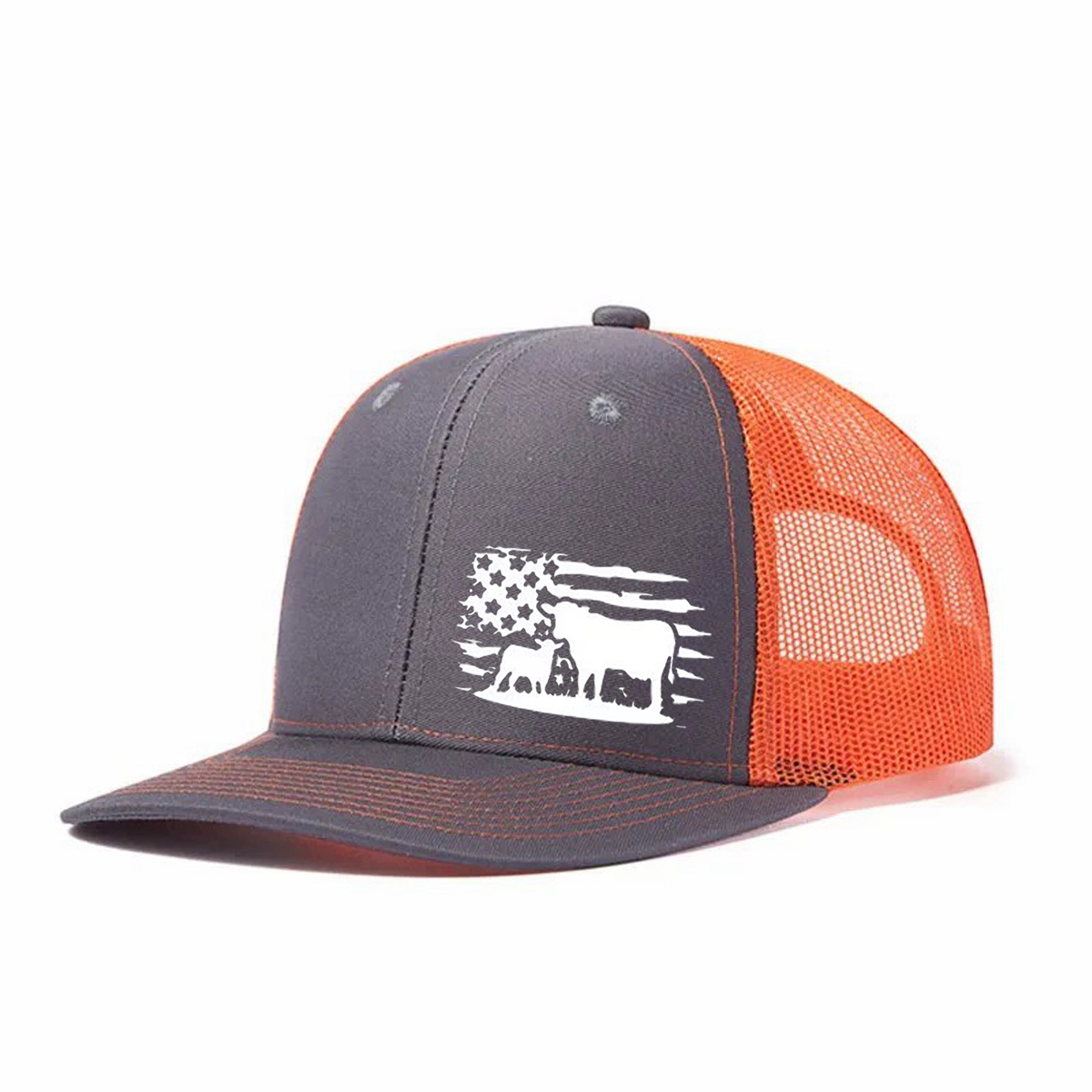 American Flag And Cattle Silhouette Leather Patch Trucker Hat product details
