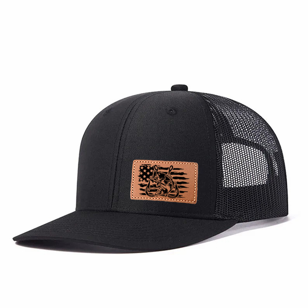 Fishing-themed Leather Patch Trucker Hat product details