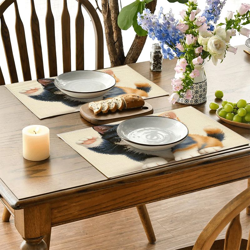 1/4/6 rechteckige Platzsets – 30,48 x 45,72 cm, Untersetzer mit Katzenmotiven und niedlichen 2D-Cartoon-Elementen, strapazierfähige und waschbare Tischsets aus Polyester_voghion.com