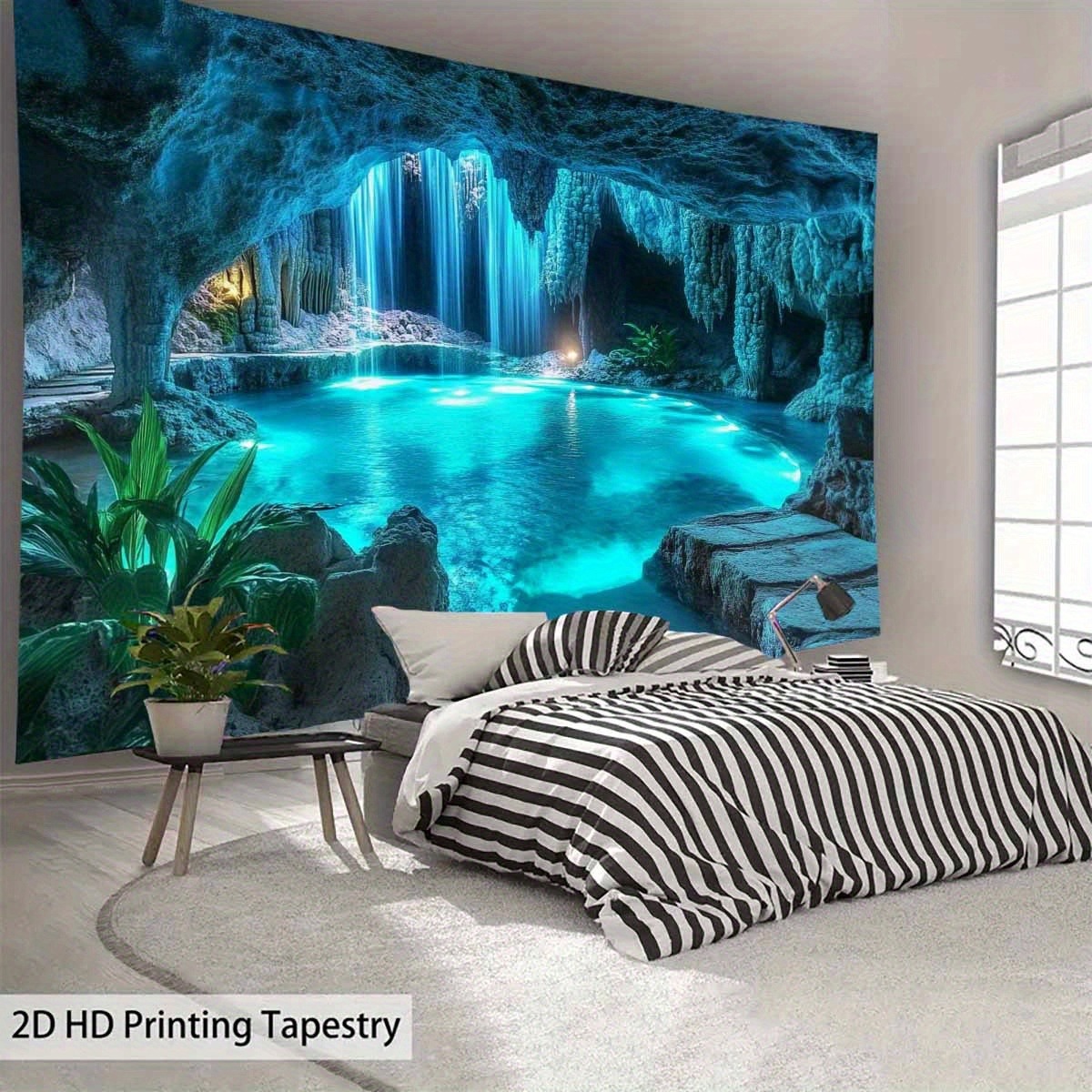 Tapisserie murale représentant une grande grotte bleue avec cascade et bassin - Décoration murale idéale pour la maison, cadeau de Noël, fond de fête, sans électricité_voghion.com