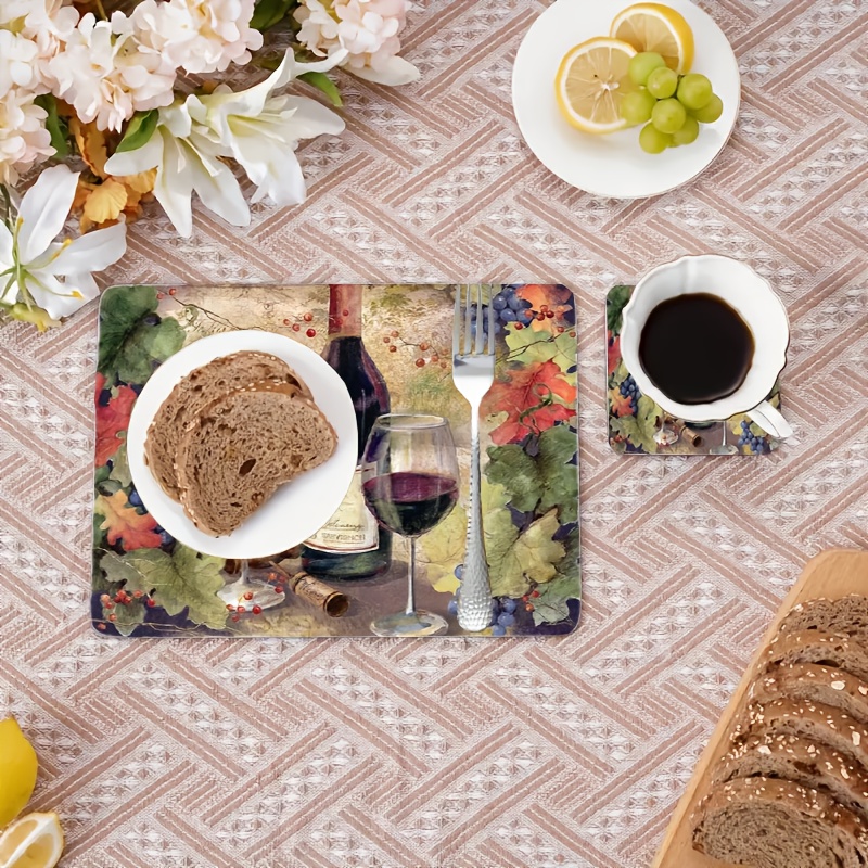 Vintage-Tischsets und Untersetzer aus Holz im künstlerischen Design (6-teilig), Weinmotiv – perfekt für die Dekoration Ihres Zuhauses oder als Geschenk. Enthält 2 große Tischsets._voghion.com