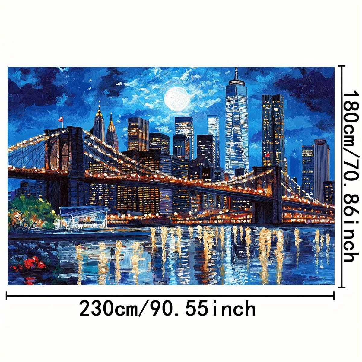 Tapeçaria de parede com o horizonte de Nova York, ponte iluminada e lua cheia, em poliéster, para decoração de festas de aniversário e como pano de fundo para fotografia (1 unidade)._voghion.com