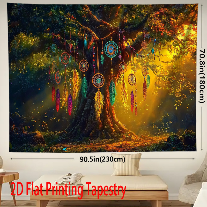 Boho Dreamcatcher Tree Tapestry 2D Flat Printing Fantasy Forest Pattern Polyester Wall Hanging For Home Living Room Bedroom Office Yoga Studio Decor_voghion.com