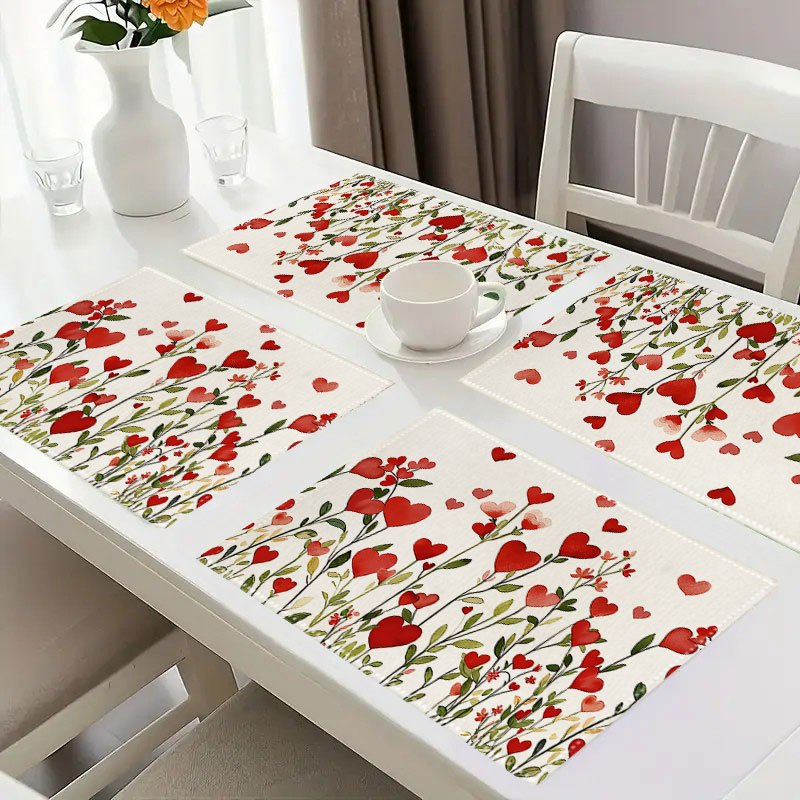 4/6 Tischsets mit rotem Herz- und Pflanzenmotiv zum Valentinstag, Dekorationen für Jubiläen und Hochzeiten mit Blatt- und Blumenmustern für die Küche_voghion.com