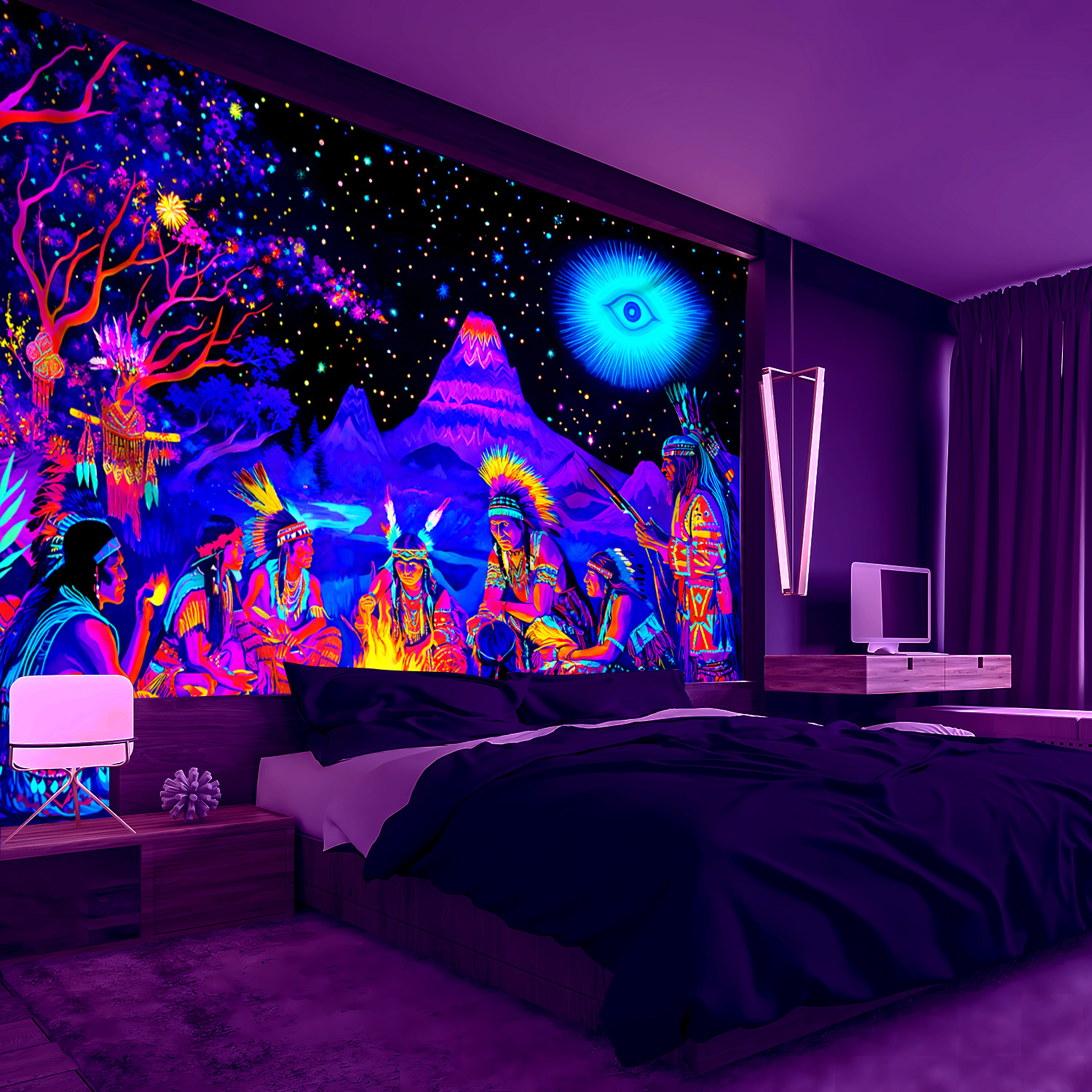 Oversized Vibrant Indian Tribal Tapestry Glows Under Fluorescent Light Fluorescent Aesthetic Prints For Bedroom Office Living Room Party Celebration_voghion.com