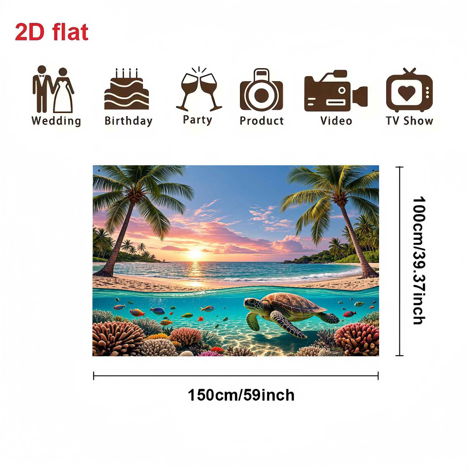 Partybanner, 1 Stück, aus Polyester, mit tropischem Strandmotiv, tropischen Fischen, Meeresschildkröten, Korallenriffen, Stränden und Palmen_voghion.com