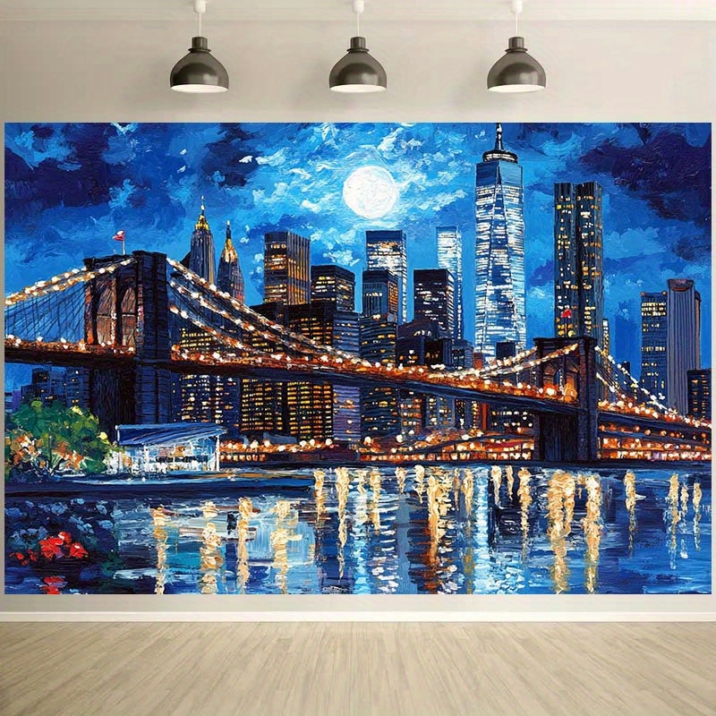 Tapeçaria de parede com o horizonte de Nova York, ponte iluminada e lua cheia, em poliéster, para decoração de festas de aniversário e como pano de fundo para fotografia (1 unidade)._voghion.com