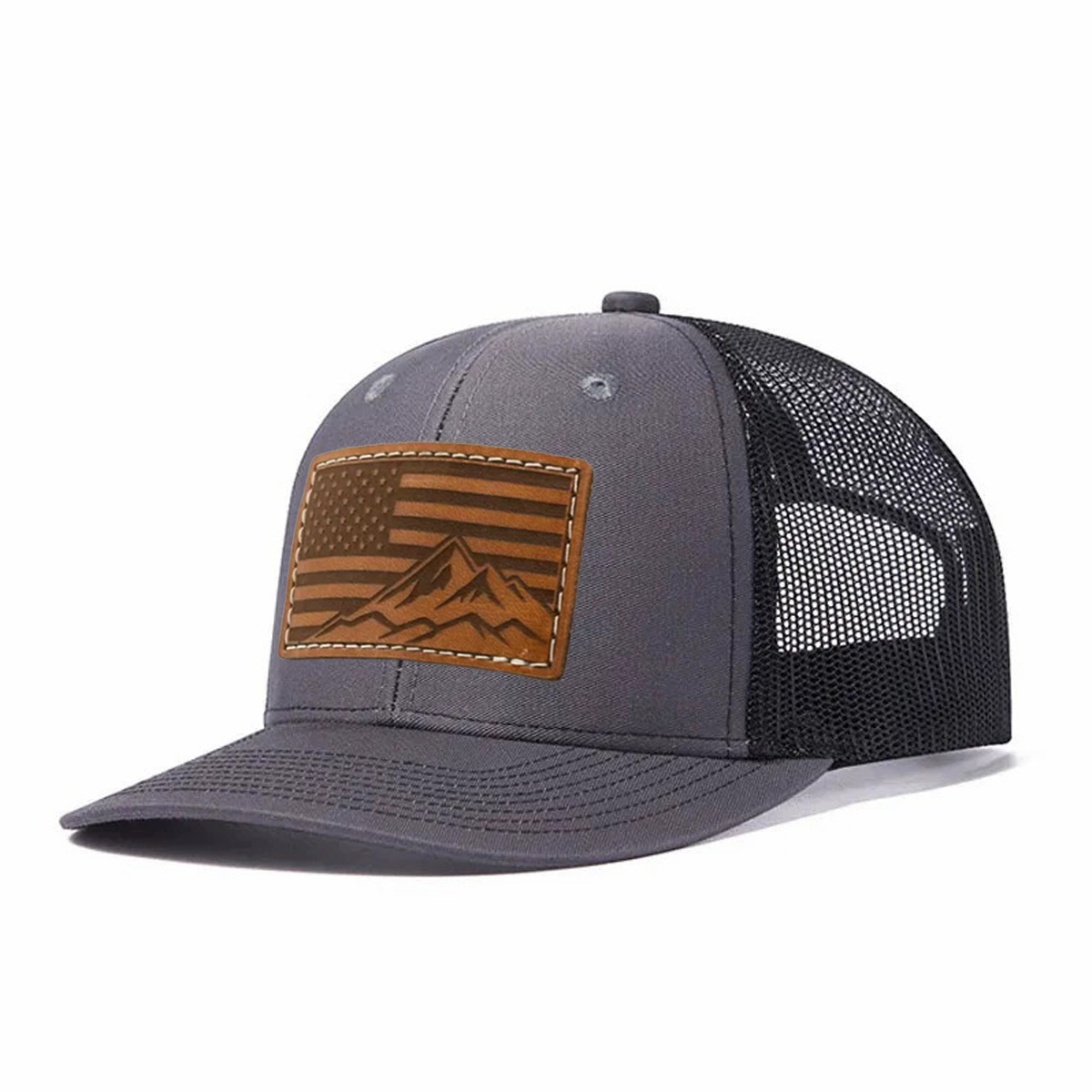 USA Flag Mountain Leather Patch Trucker Hat product details