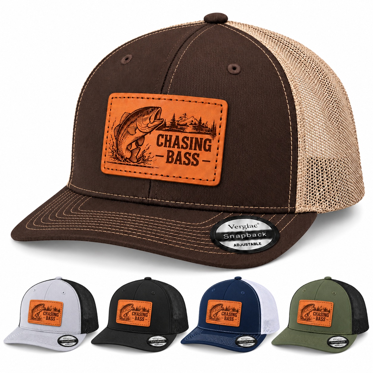 Chasing Bass Bass Fishing Graphic Leather Patch Trucker Hat product details