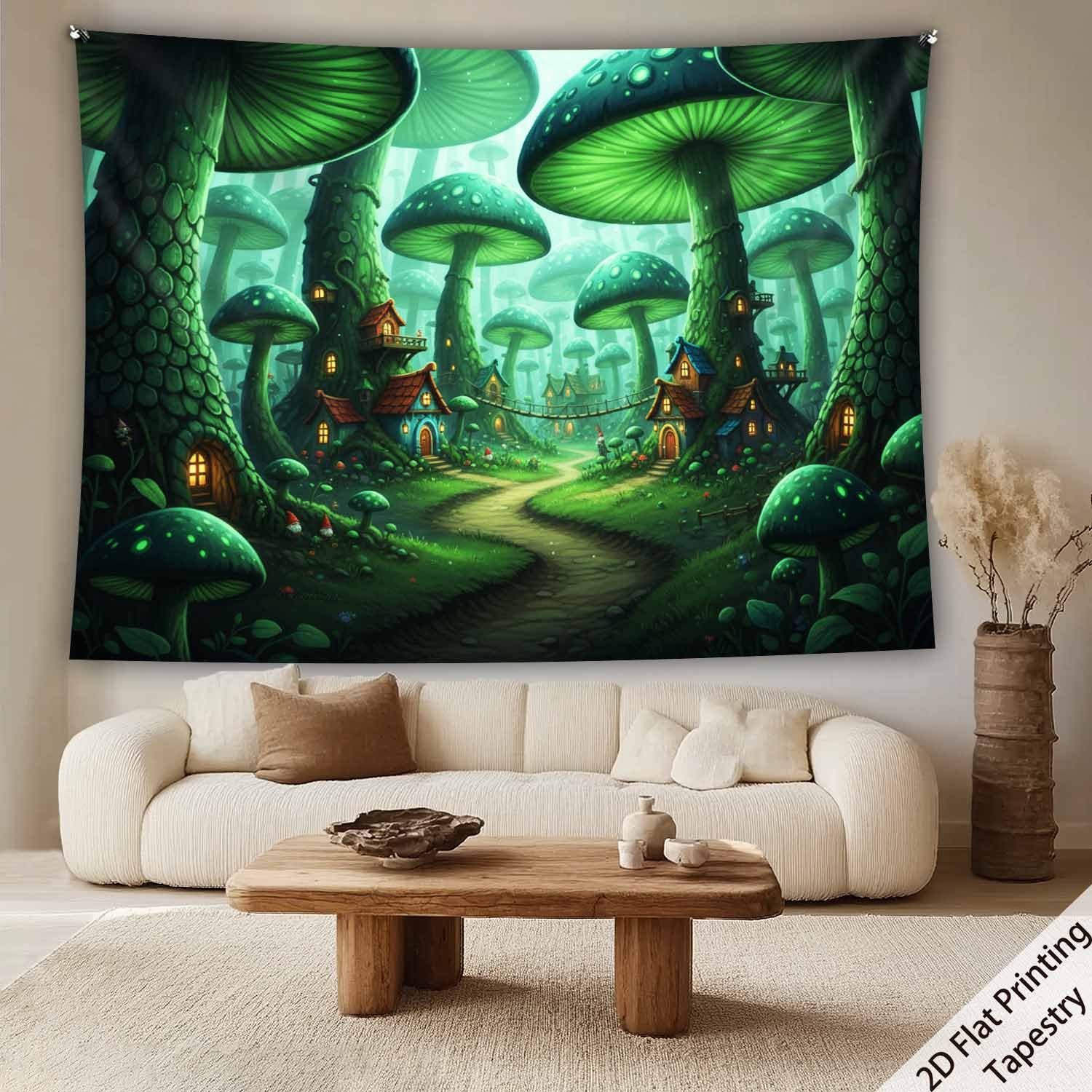 Tapisserie murale extra large en polyester, motif forêt de champignons et plantes, impression numérique HD, inspirée par la nature. Décoration murale avec clips de suspension inclus. Format plat 2D._voghion.com