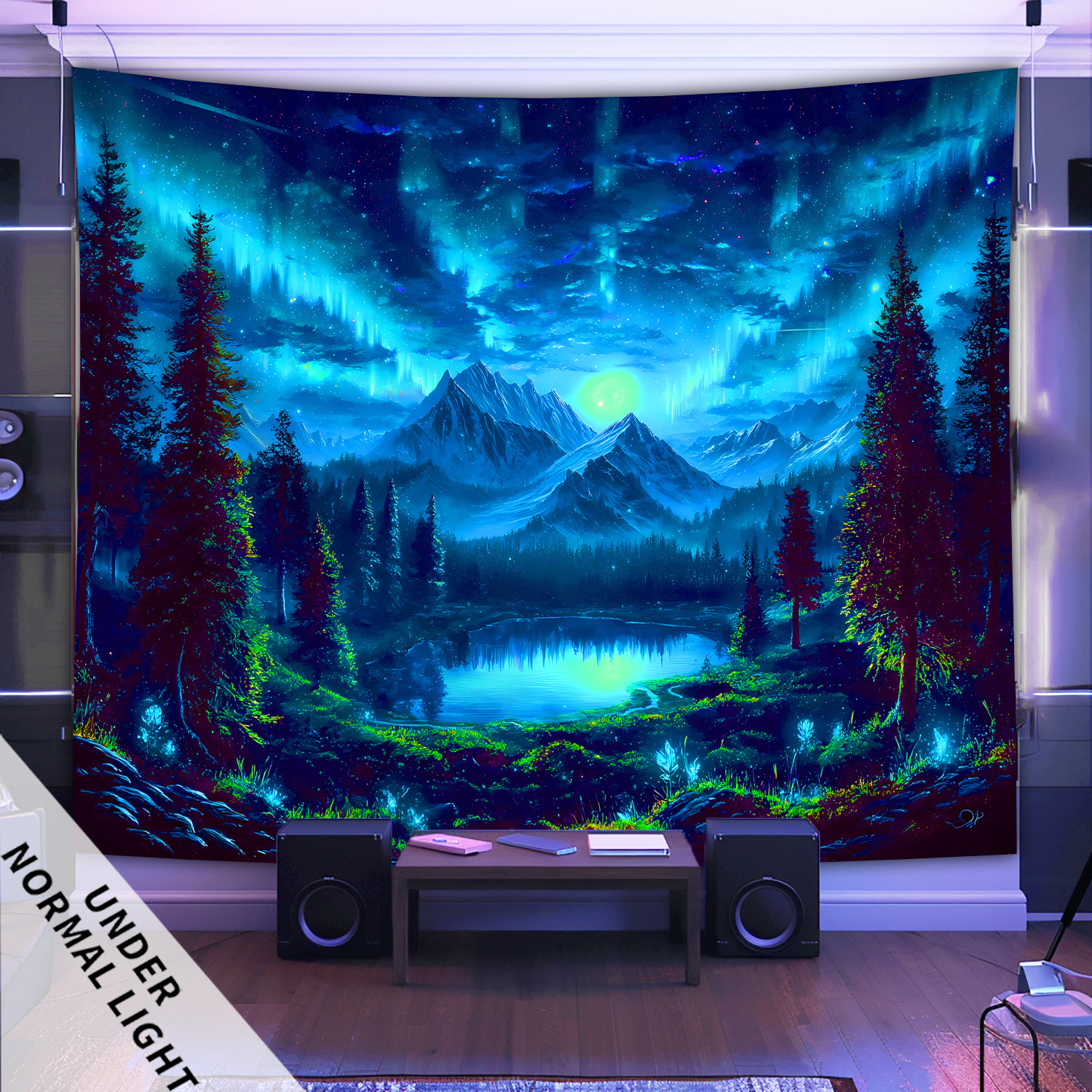 Glow In UV Light Fluorescent Printing Tapestry 1pc Starry Sky Mountains Forests Lakes Large Size Peach Skin Hanging Tapestry For Home Party Wall Decor_voghion.com