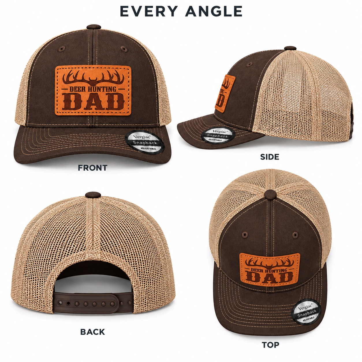 Deer Hunting Dad Antler Graphic Leather Patch Trucker Hat product details