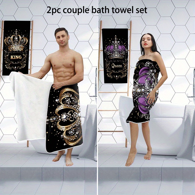 Set Two King Queen Crowns Quick Dry Beach Towels Couples Soft Durable Polyester Microfiber Absorbent Lightweight Coastal Style Summer Beach Essential_voghion.com