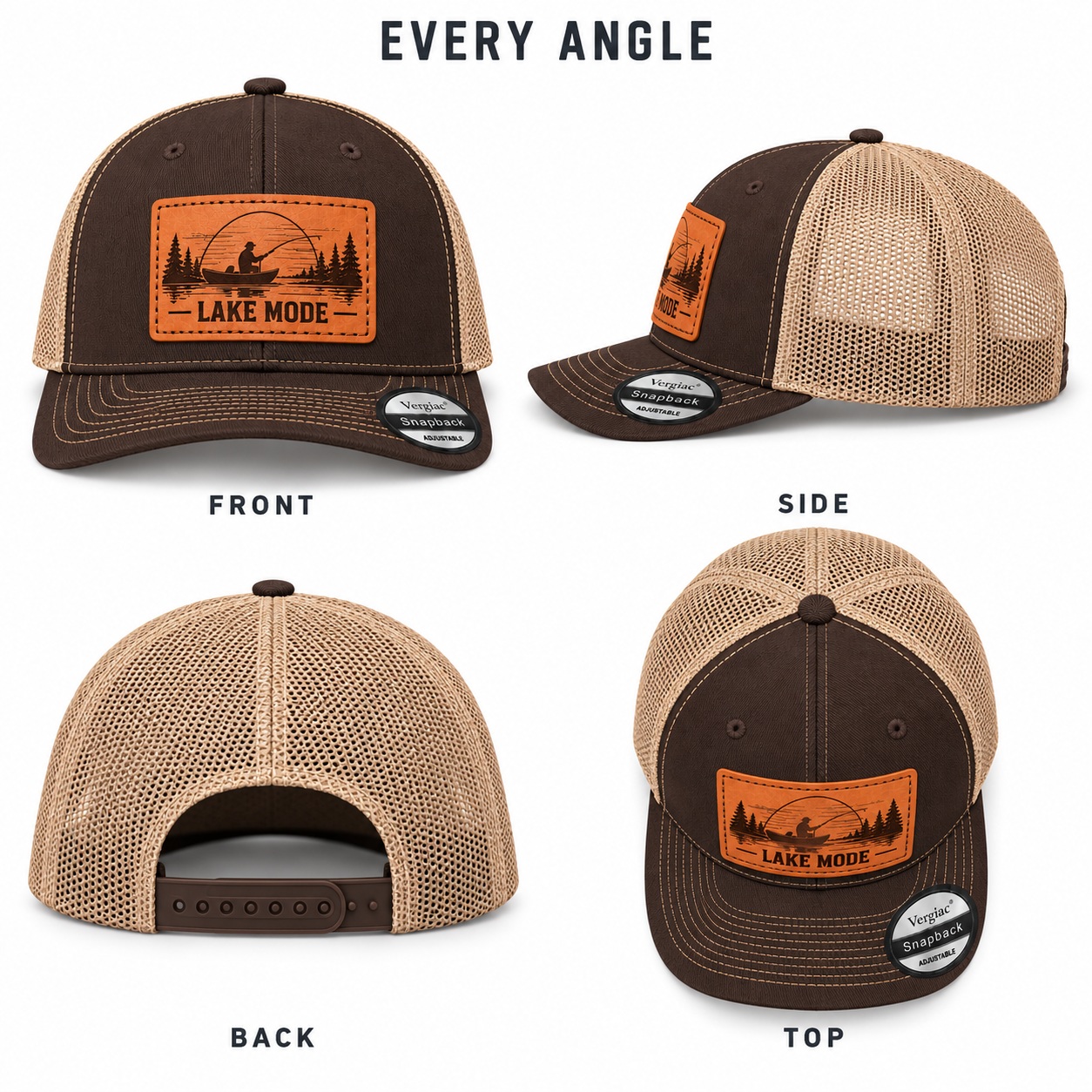 Lake Mode Lake Fishing Graphic Leather Patch Trucker Hat product details