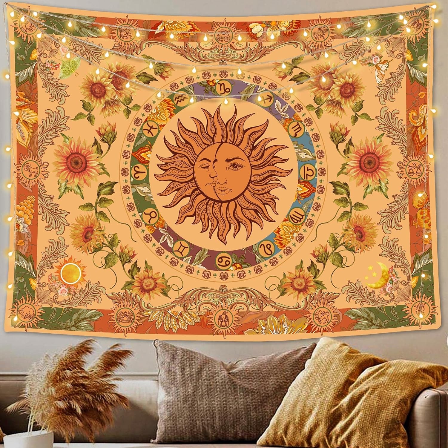 2D Flat Yellow Retro Bohemian Sun Tapestry 1pc With Sunflower Butterfly Moth Constellation Aesthetics For Dorm Living Camping Picnic All Seasons_voghion.com