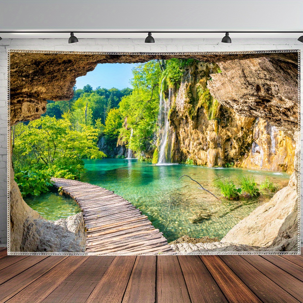 Arazzo da parete ultra grande con stampa di paesaggio tranquillo di grotta, foresta e lago, in poliestere HD, ideale per camera da letto e soggiorno, con clip per appenderlo incluse._voghion.com
