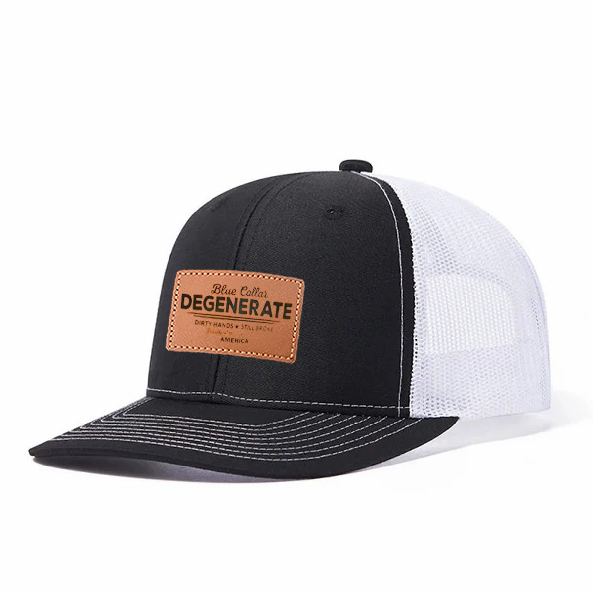 Blue Collar Degenerate Leather Patch Trucker Hat product details