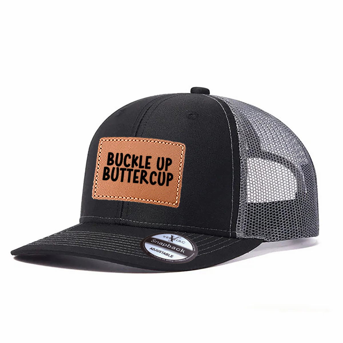 Buckle Up Buttercup Leather Patch Trucker Hat product details