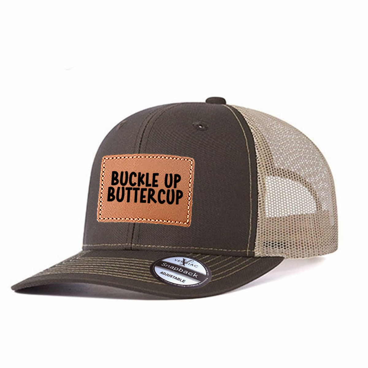 Buckle Up Buttercup Leather Patch Trucker Hat product details