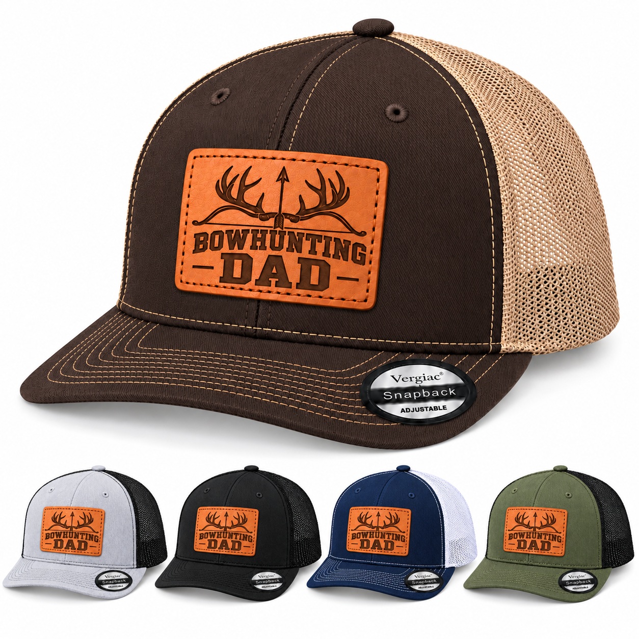 Bowhunting Dad Antler And Bow Graphic Leather Patch Trucker Hat product details